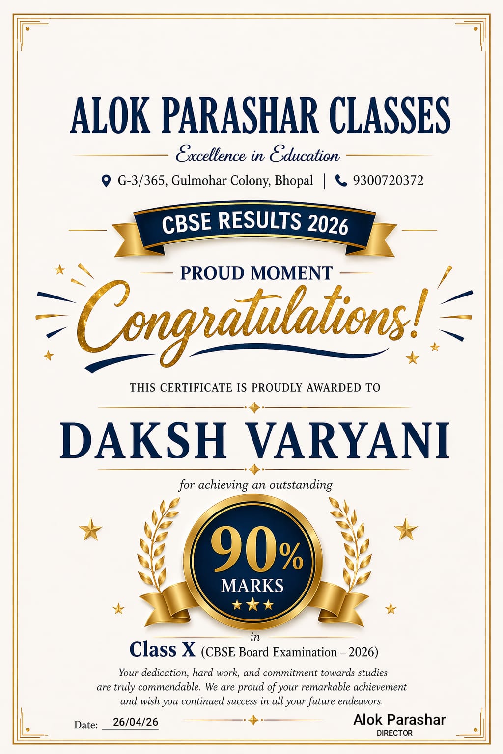 Daksh Varyani Class X achiever 90 percent award at Alok Law Classes Bhopal